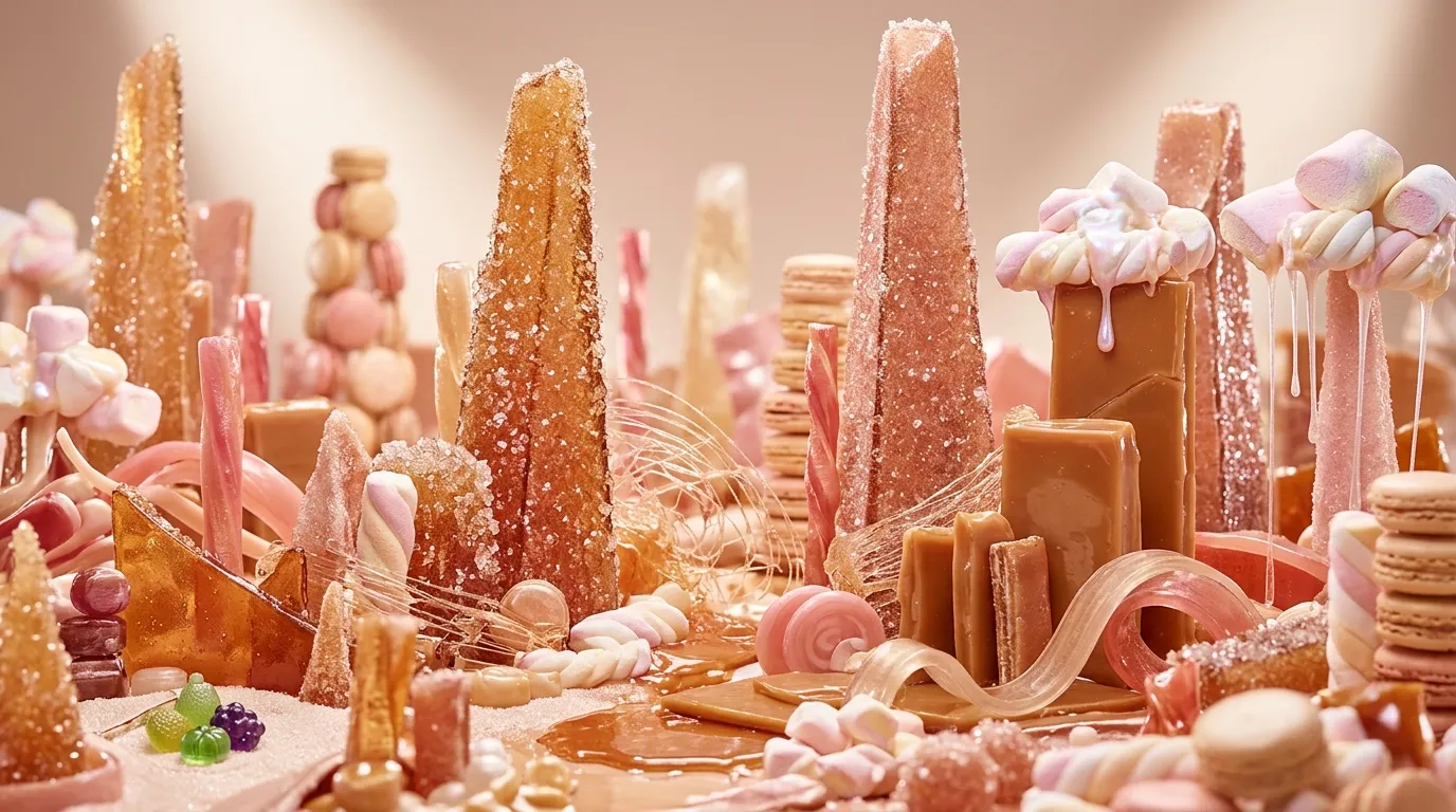 Monde imaginaire compos&eacute; de structures en caramel, bonbons et sucre color&eacute;s.