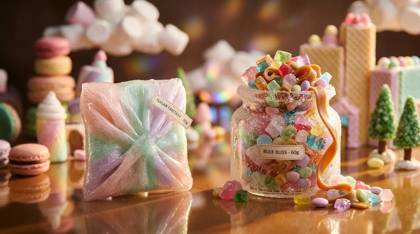 Emballage de bonbons pastel et pot de caramels color&eacute;s sur surface dor&eacute;e