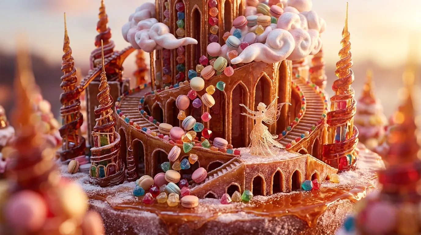 Ch&acirc;teau fantastique en chocolat et bonbons color&eacute;s d&eacute;tail