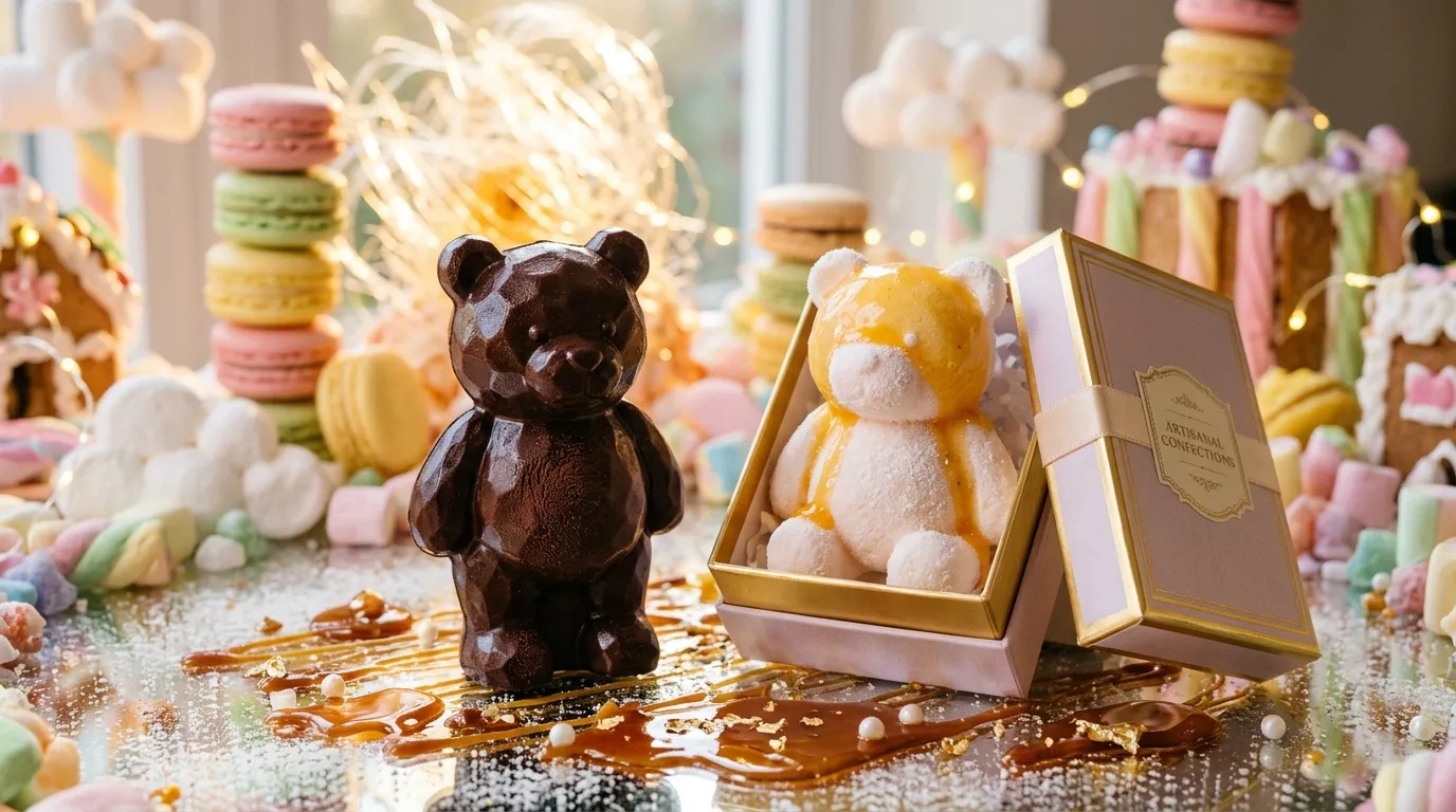 Ours chocolat et teddy sucr&eacute; dans d&eacute;cor p&acirc;tisserie color&eacute;e