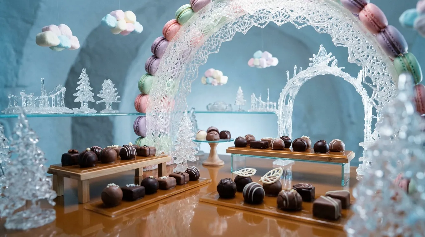 Paysage f&eacute;erique avec chocolats, macarons, arches dentelle et sapins givr&eacute;