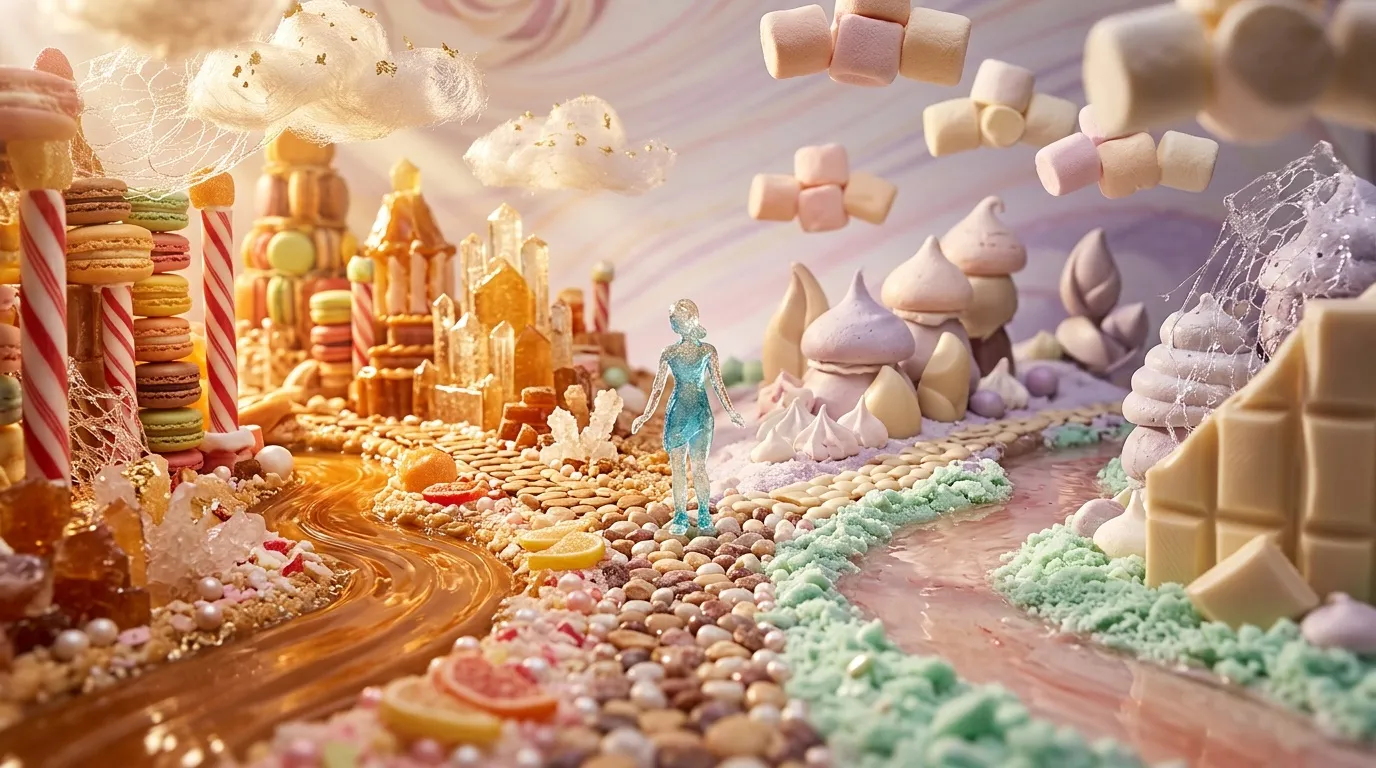 Personnage bleu dans un monde de bonbons et g&acirc;teaux color&eacute;s