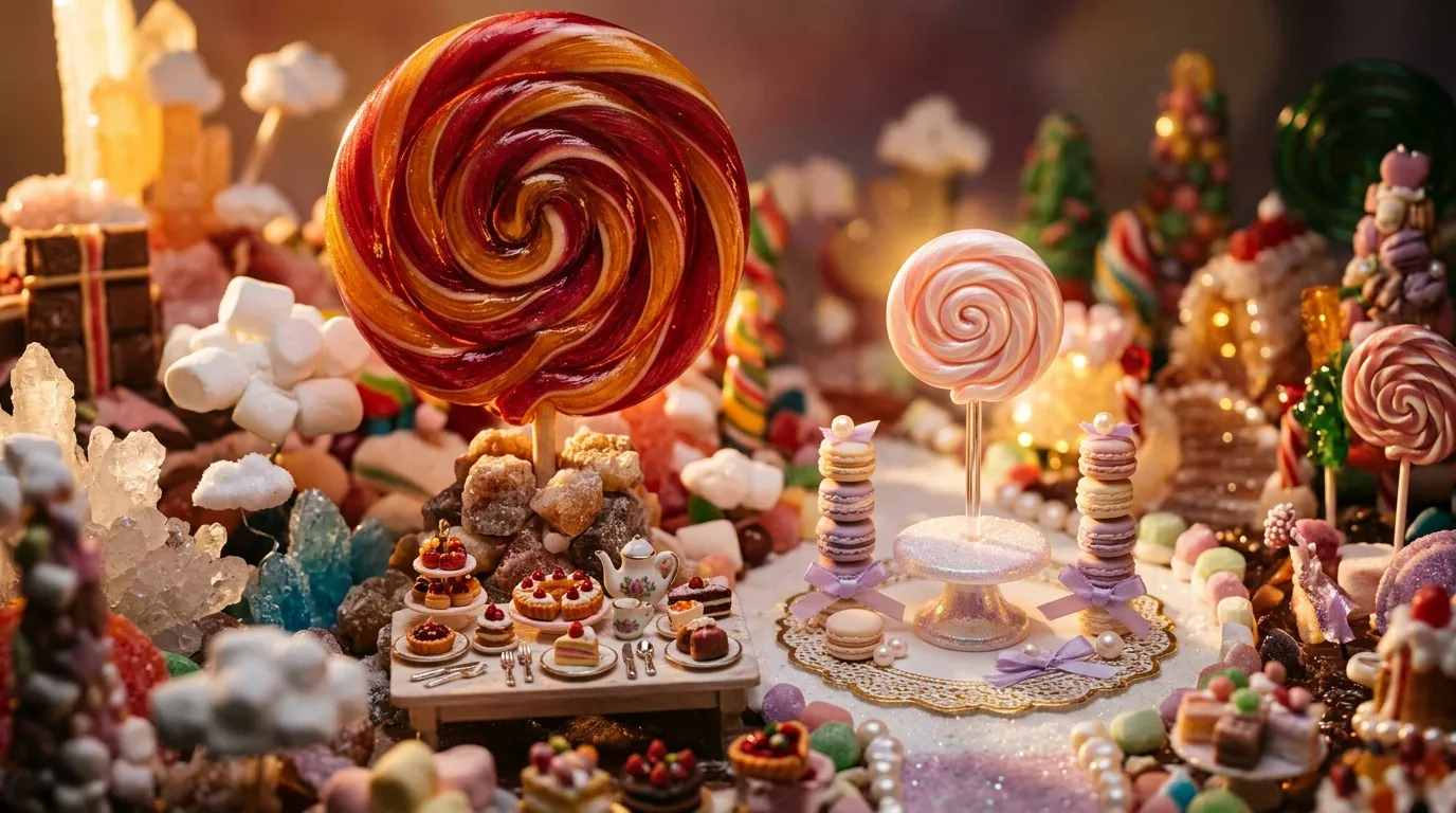 Paysage f&eacute;erique avec g&eacute;ants lollipops color&eacute;s et maisons pain d'&eacute;pices