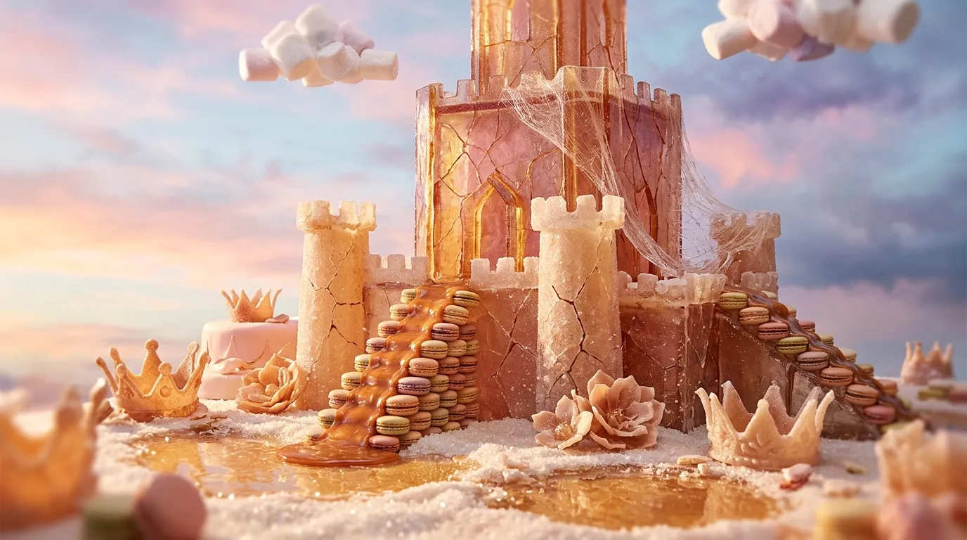 Ch&acirc;teau comestible en sucre, caramel et biscuits