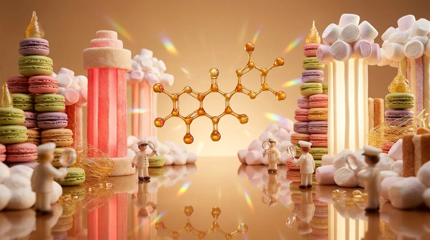 Mol&eacute;cule dor&eacute;e entour&eacute;e de macarons, nuages et figurines