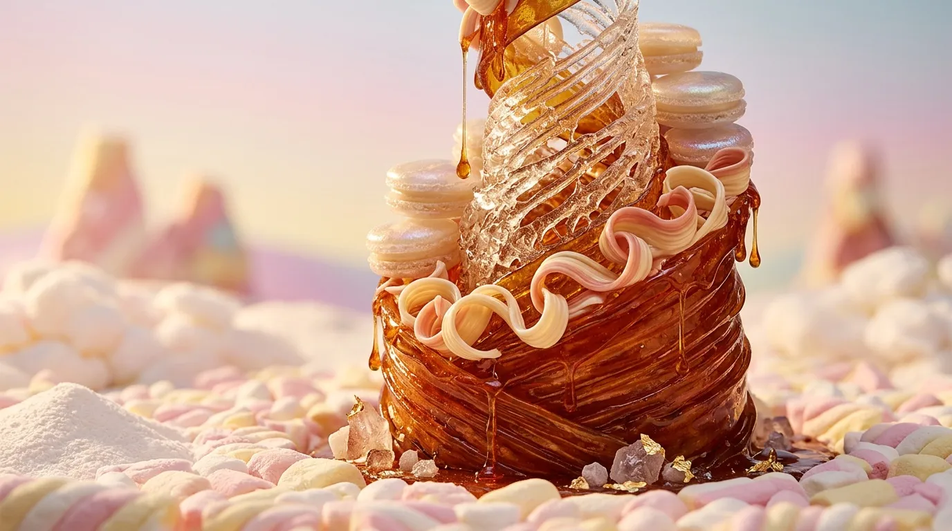 G&acirc;teau &eacute;l&eacute;gant avec caramel dor&eacute; coulant sur macarons roses