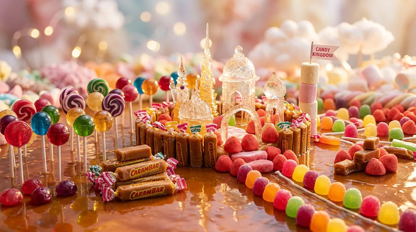 Ch&acirc;teau de bonbons avec lollipops color&eacute;s et friandises d&eacute;coratives