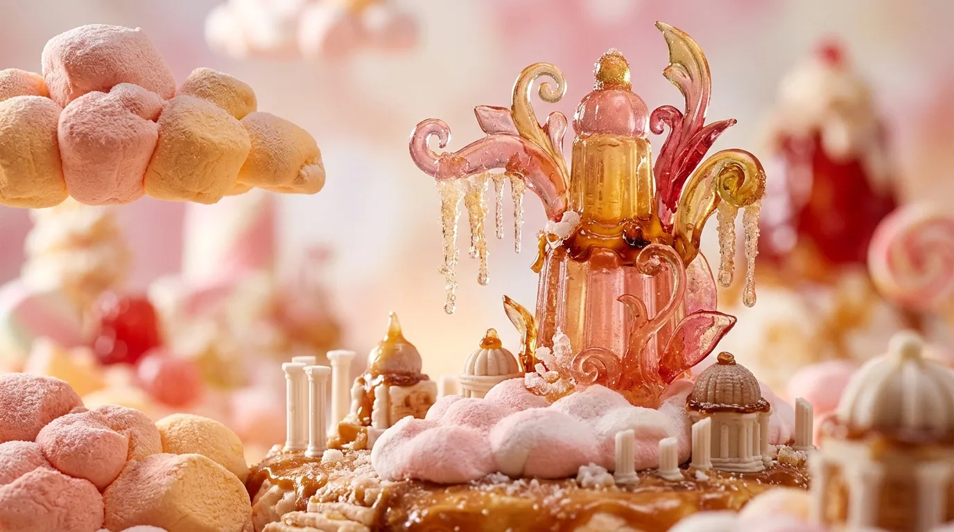 Ch&acirc;teau fantastique en bonbons roses et dor&eacute;s avec ornements