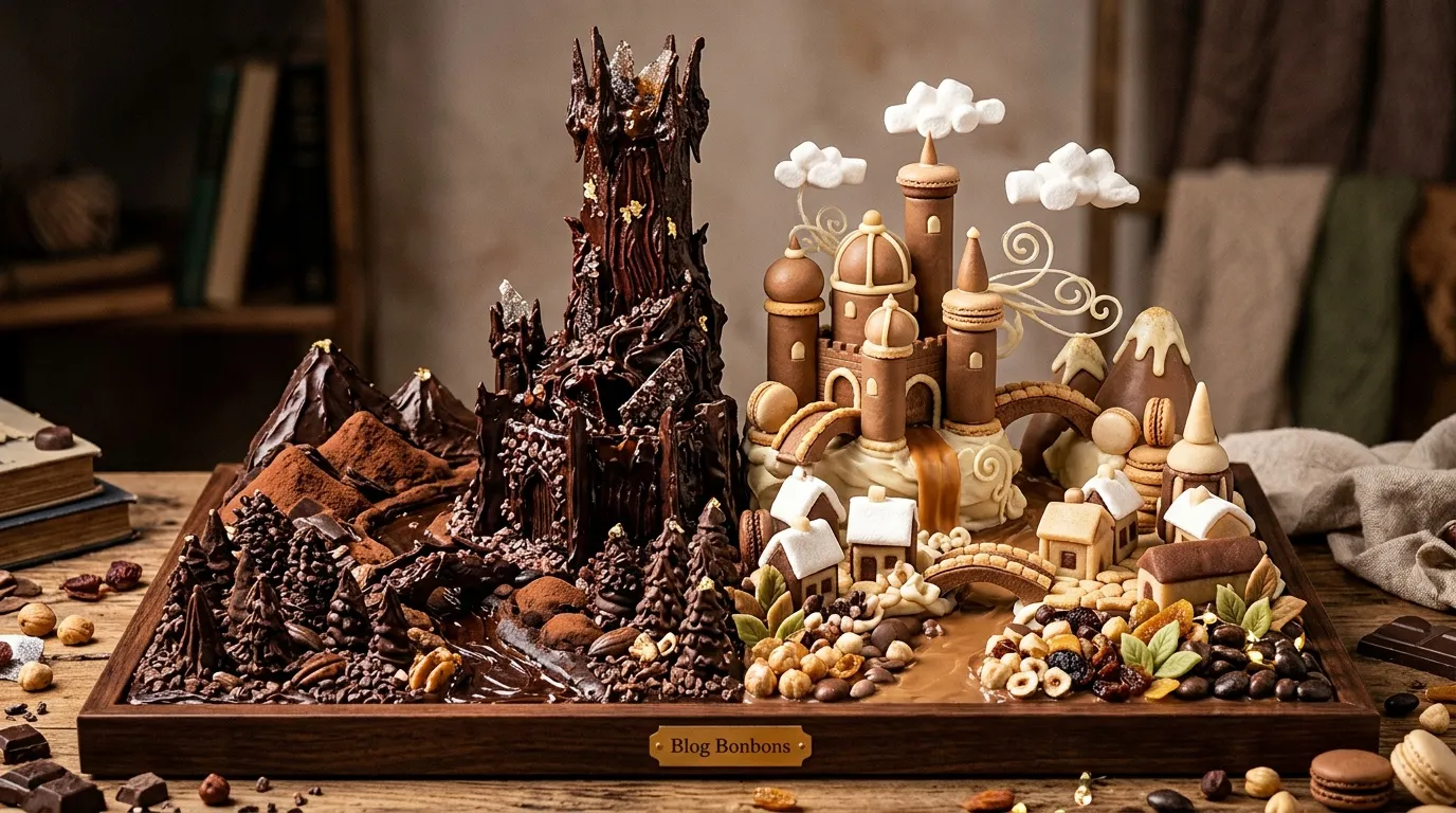 Sculpture comestible combinant château chocolat noir et pâtisserie dorée