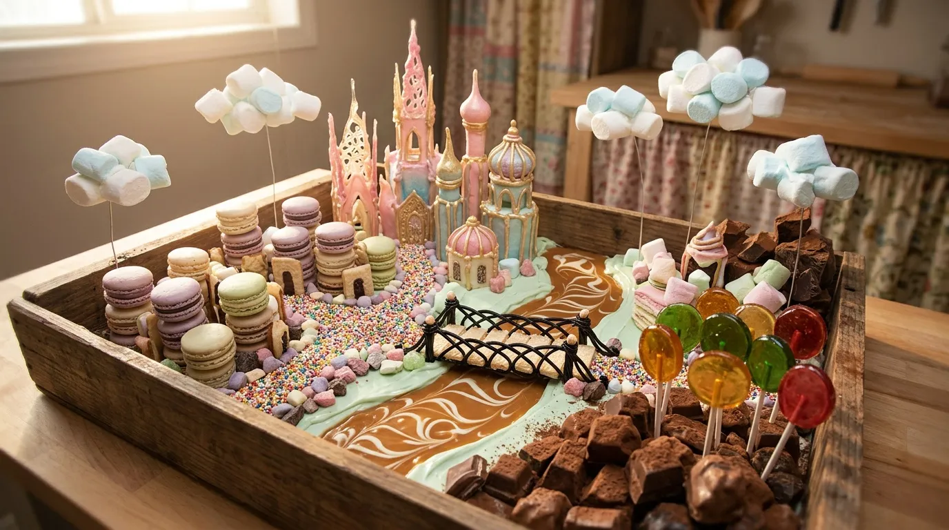 Diorama comestible avec château rose, macarons, nuages et bonbons colorés