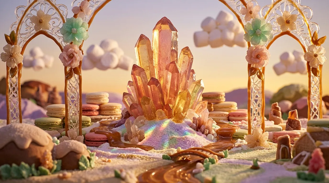 Paysage f&eacute;erique avec cristaux dor&eacute;s, macarons et portes orn&eacute;es