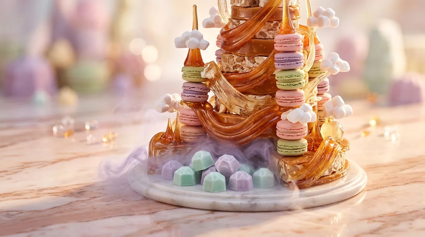 Ch&acirc;teau de p&acirc;tisserie avec macarons color&eacute;s et nuages