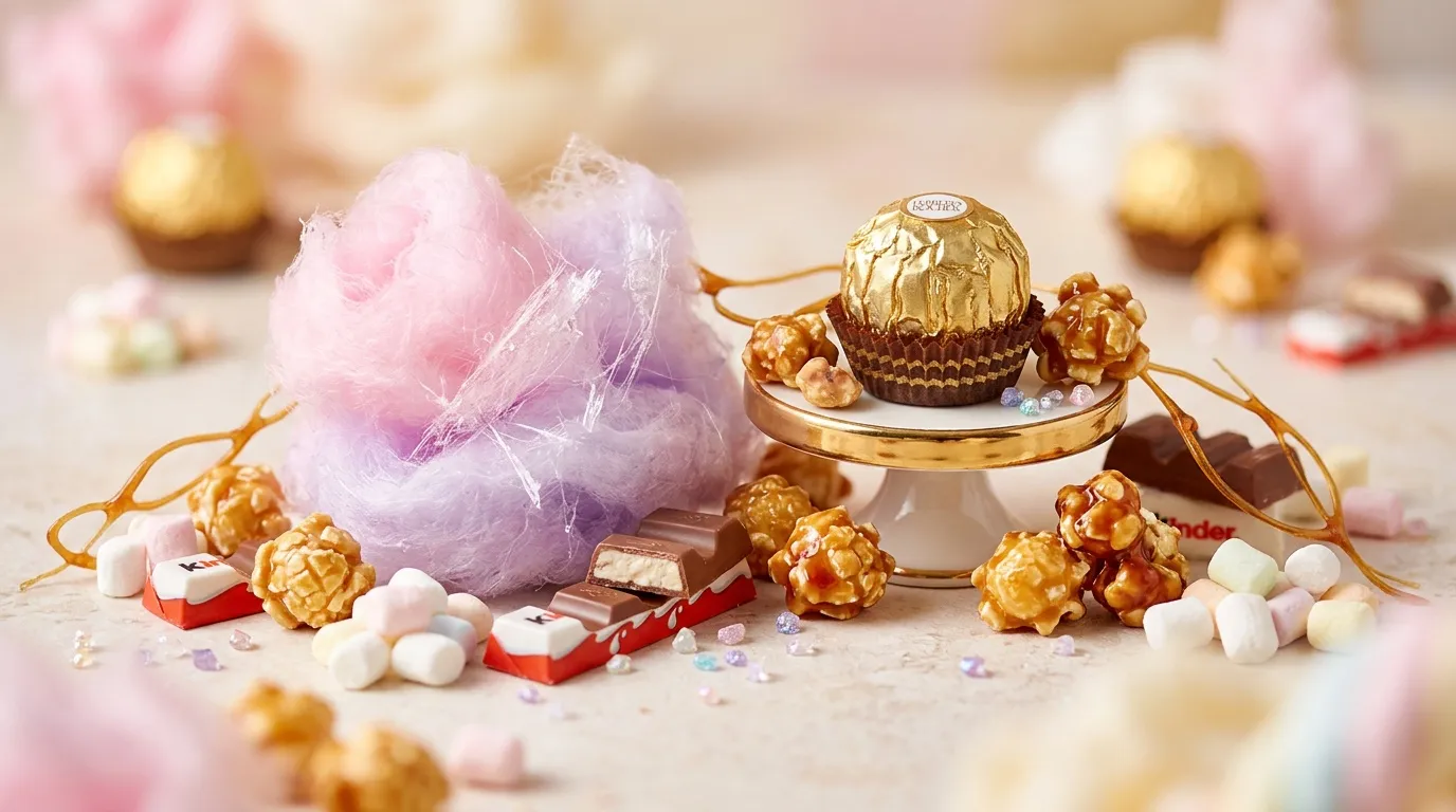 Chocolats dorés, tulle rose et bonbons sur surface claire