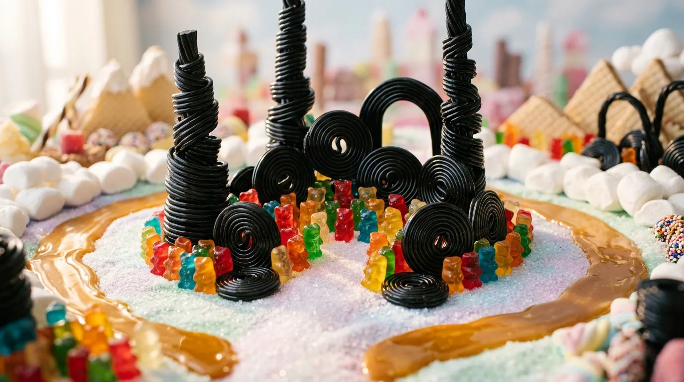 Gâteau décoré avec tours noires spiralées et oursons gélifiés colorés