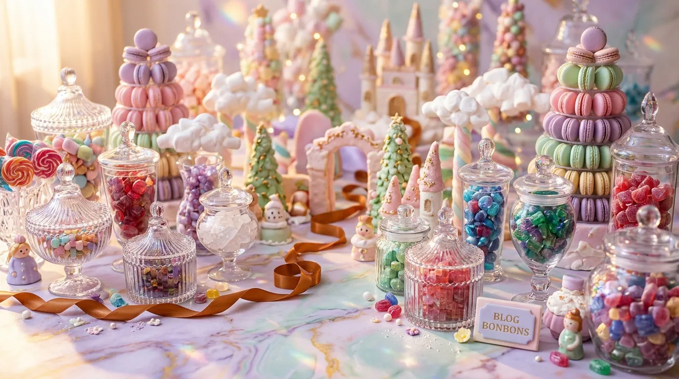 Décor de candy land avec macarons, château et bonbonnières cristal