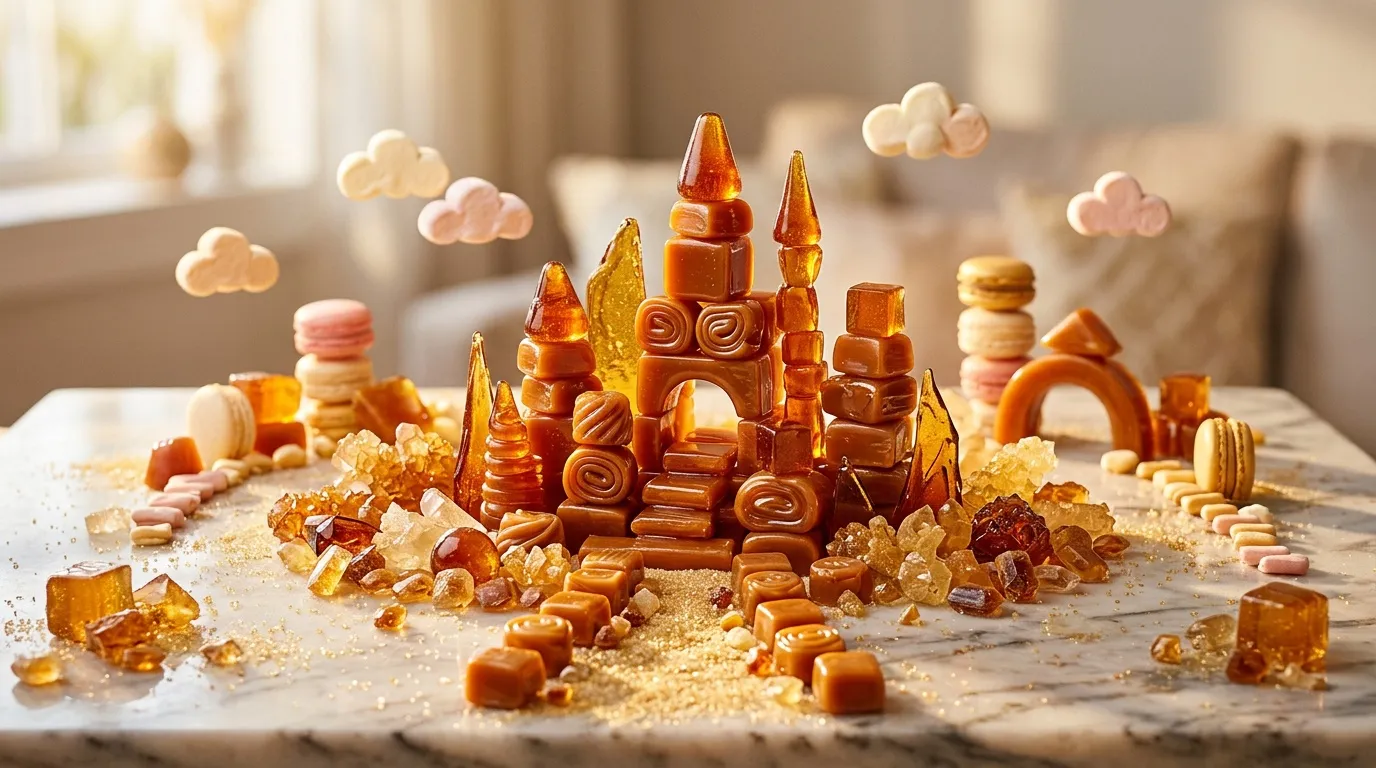 Château édifié en caramel et bonbons sur table blanche.