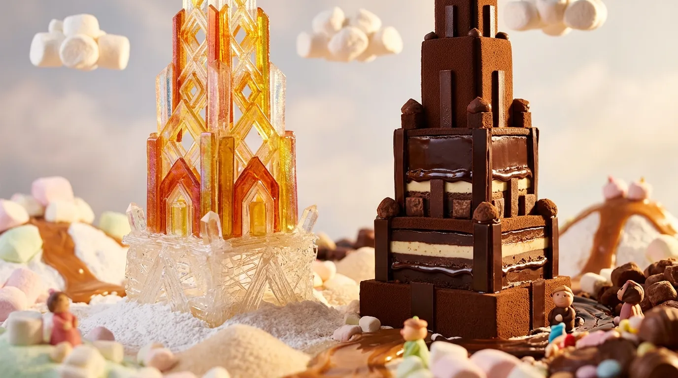 Deux châteaux de conte de fées en sucre et chocolat avec décoration