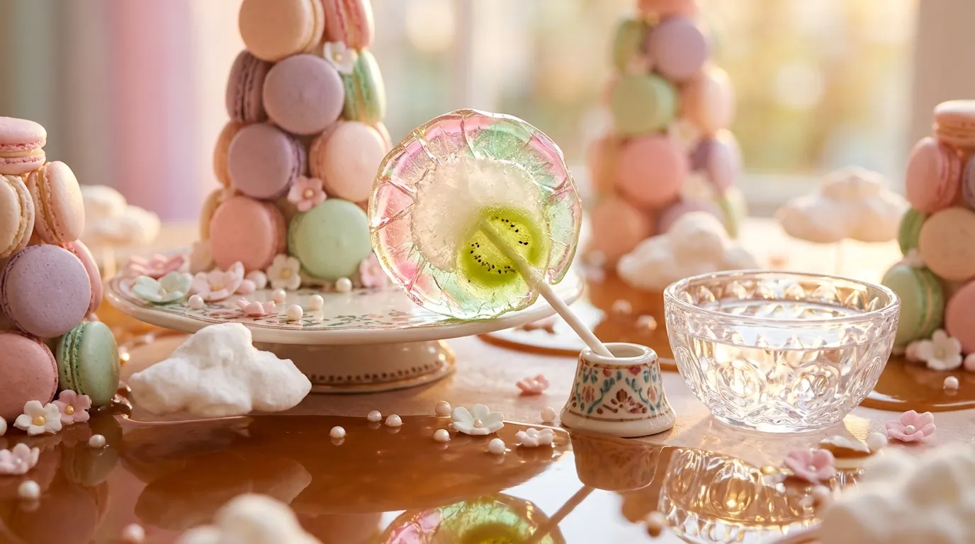 Macarons colorés, sucette fruit et décoration pâtisserie élégante