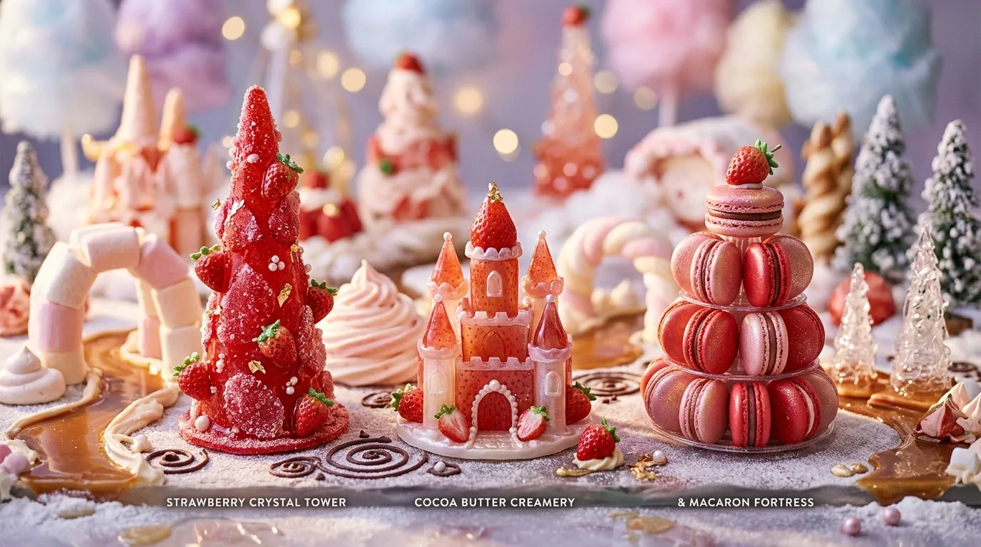 Château pâtisserie fraise, macarons tour, décor hivernal sucré