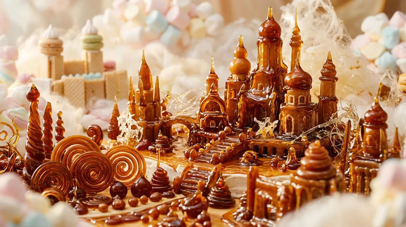 Château en chocolat avec tours dorées et décors sucrés