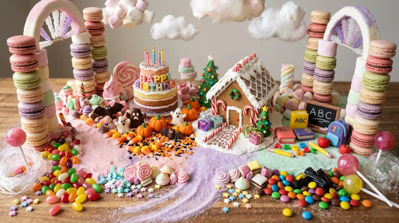 Maison pain d'épice entourée de bonbons colorés et macarons