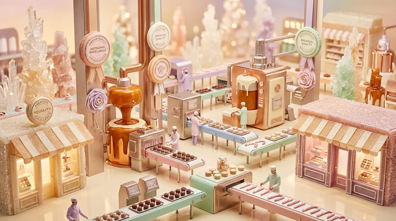 Maquette d'une fabrique de chocolat avec machines et ouvriers
