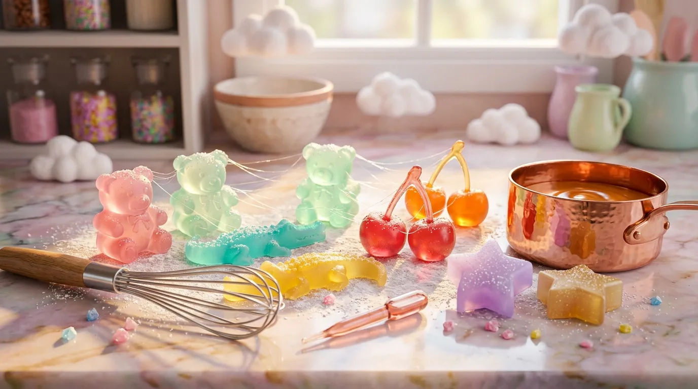 Bonbons g&eacute;lifi&eacute;s color&eacute;s, outils de cuisine et ingr&eacute;dients sur plan de travail