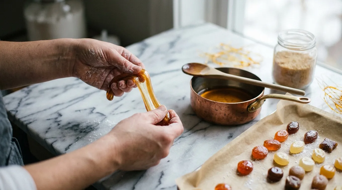 Mains versant du caramel dor&eacute; sur des bonbons color&eacute;s.