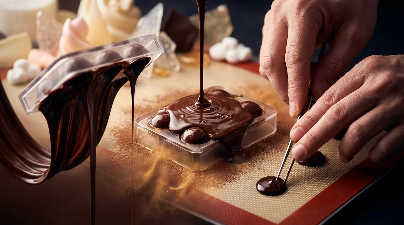 Artisan verse du chocolat fondu dans un moule