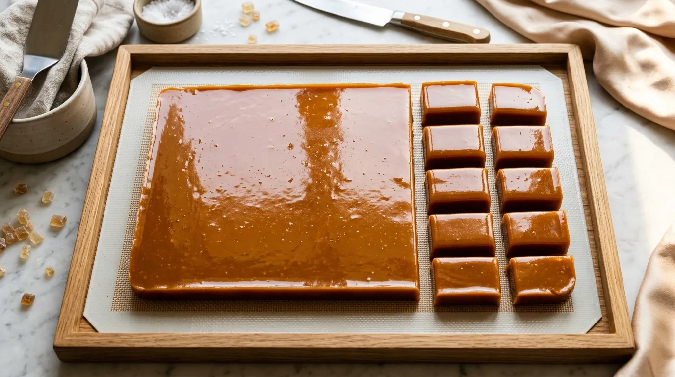 Plateau de caramels fait maison refroidissant sur papier sulfuris&eacute;