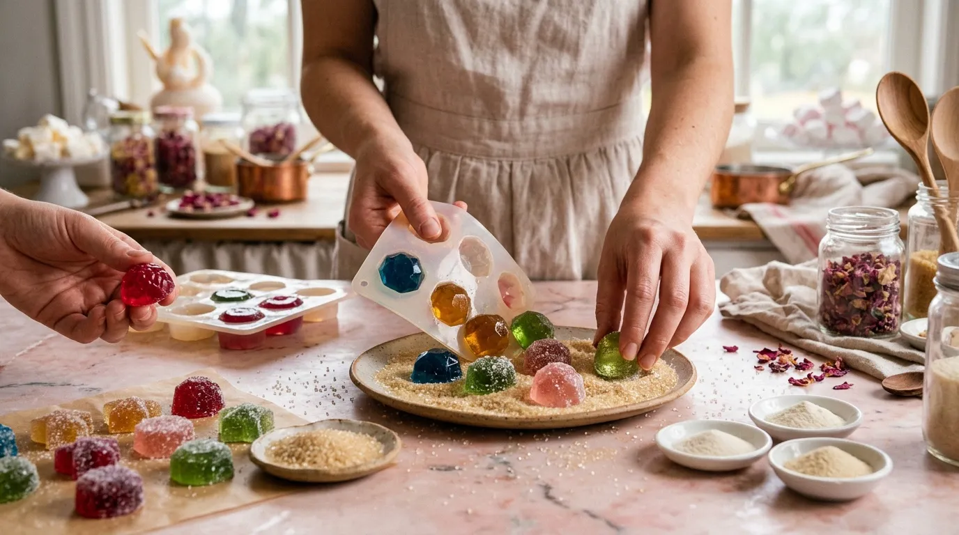 Femme pr&eacute;parant des bonbons color&eacute;s avec sucre et moules