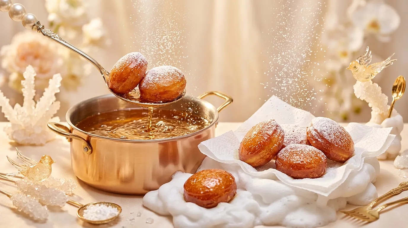 Beignets sucr&eacute;s saupoudr&eacute;s de sucre avec pot dor&eacute; et d&eacute;coration &eacute;l&eacute;gante