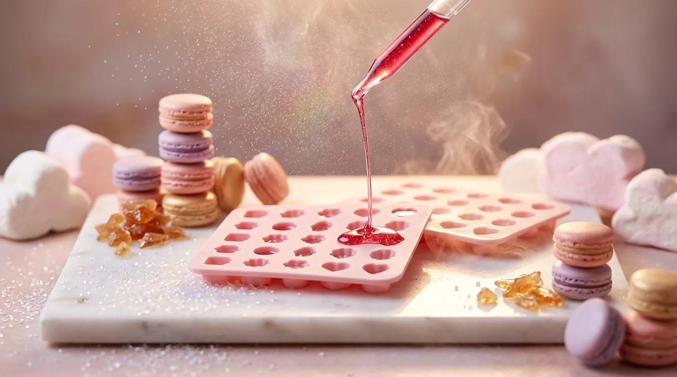 Pipette versant du liquide rouge dans moule rose avec macarons