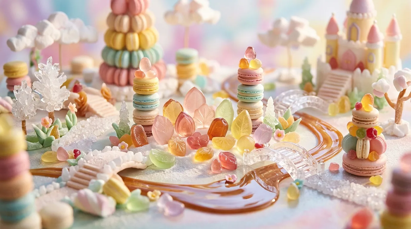 Monde miniature fantastique avec macarons, cristaux et ch&acirc;teau