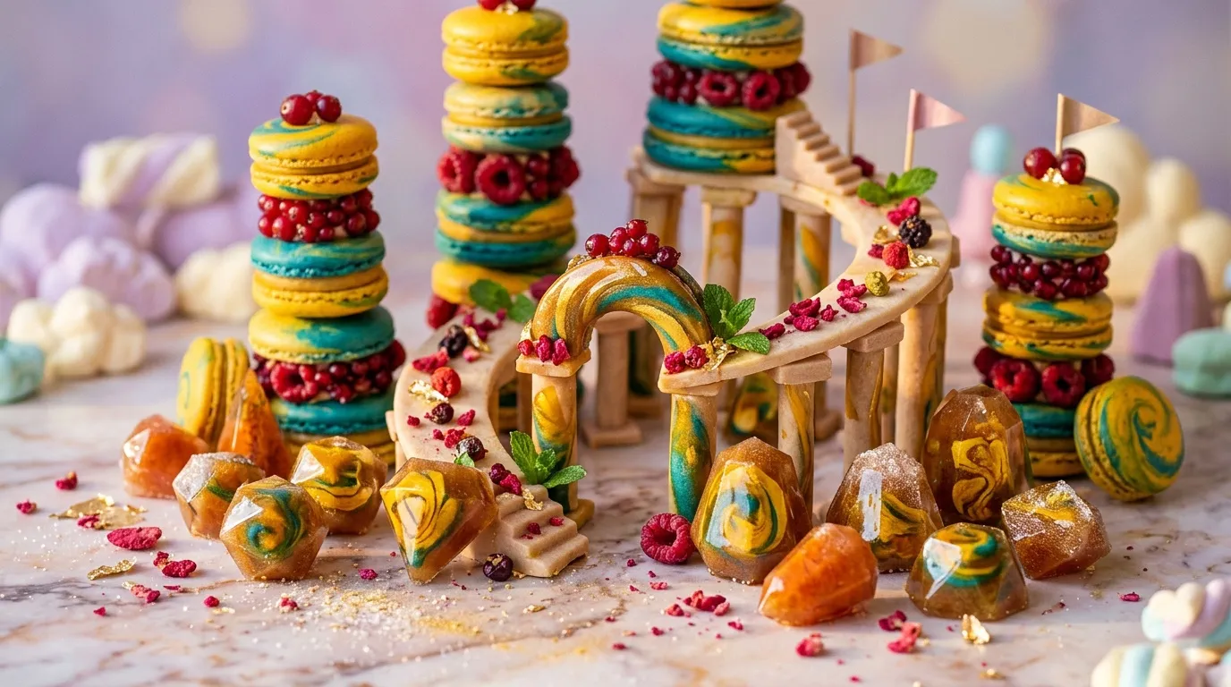 Structure &eacute;dible avec macarons jaunes, turquoise et framboises rouges