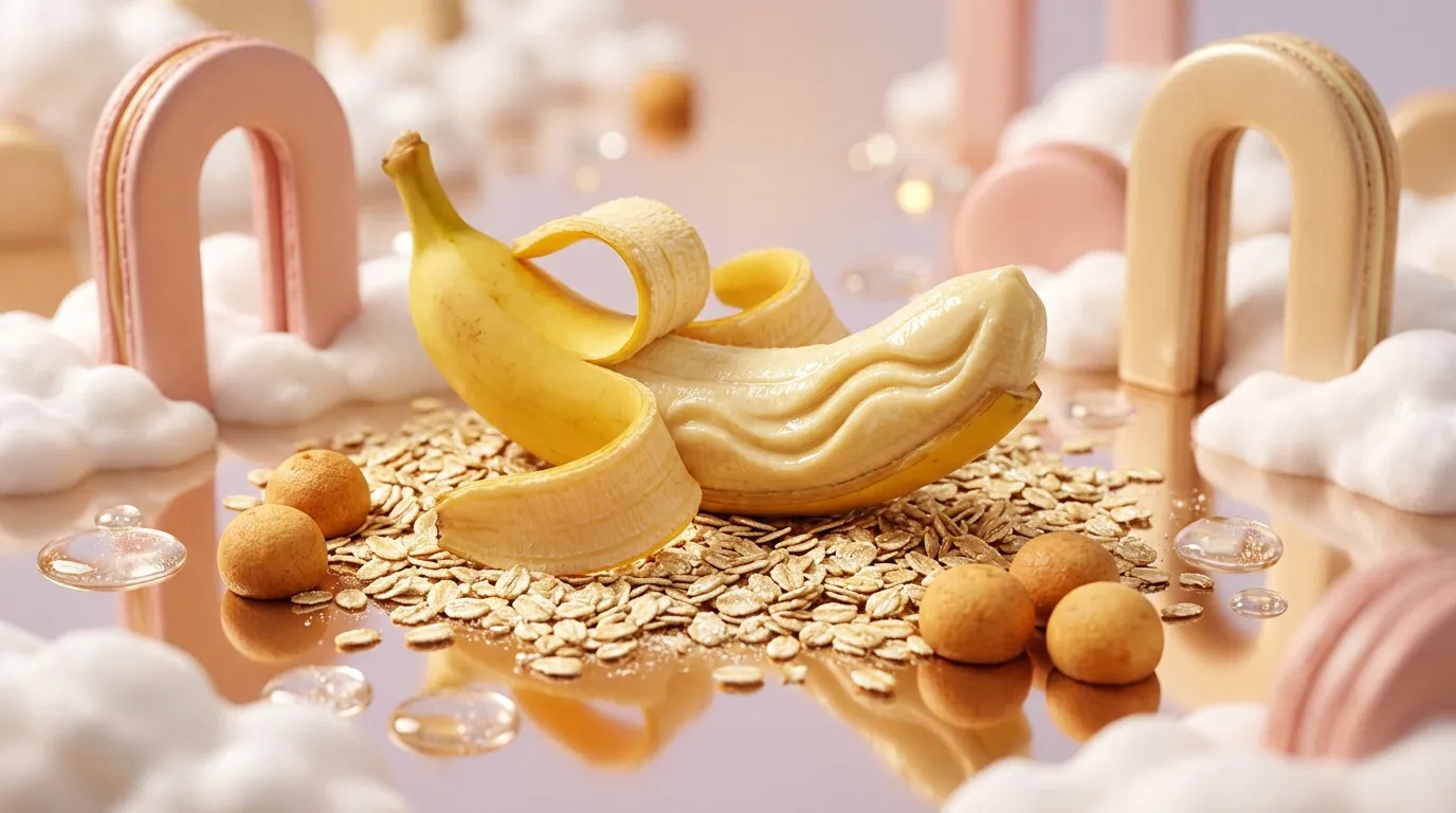 Bananes dor&eacute;es, flocons d'avoine et d&eacute;cor pastel stylis&eacute;