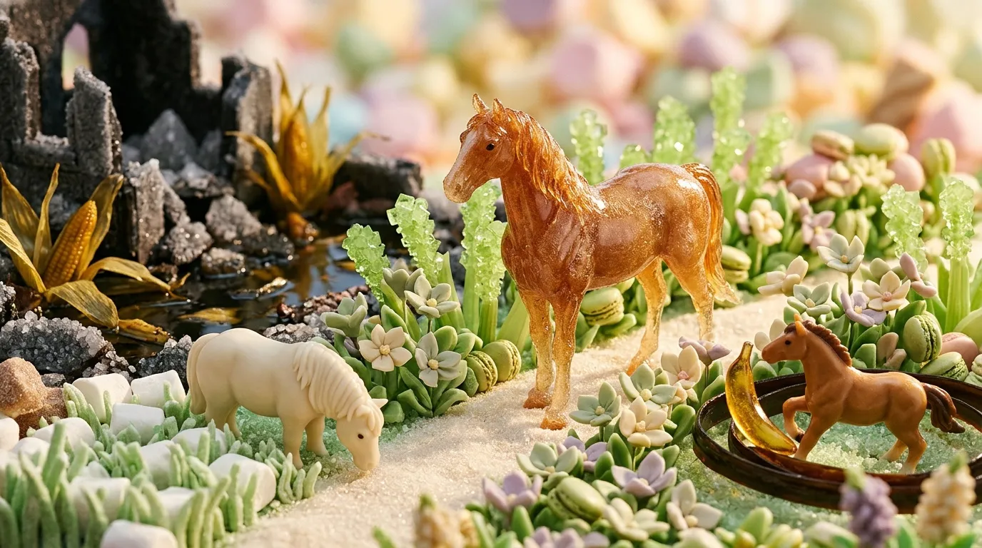 Figurines de chevaux parmi plantes grasses et fleurs miniatures