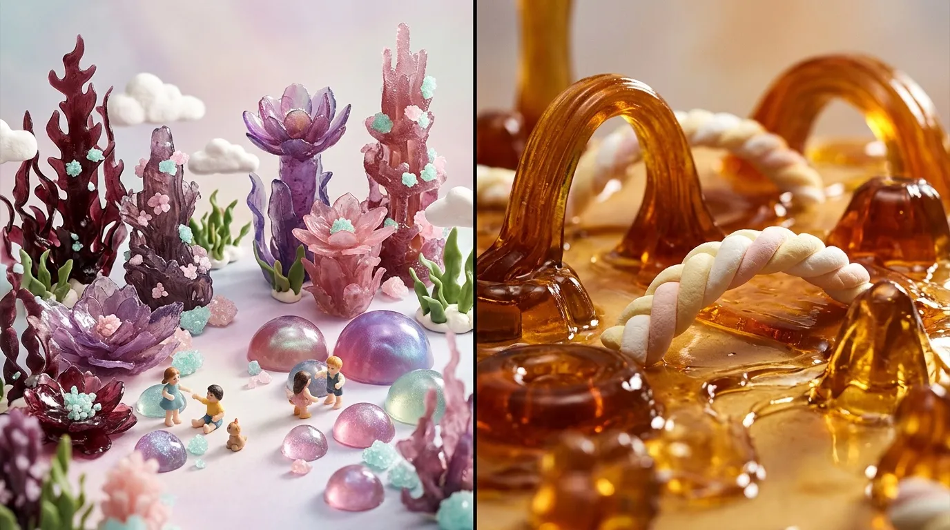 Deux sc&egrave;nes fantastiques : ch&acirc;teaux cristallins roses et flacons ambr&eacute;s dor&eacute;s.