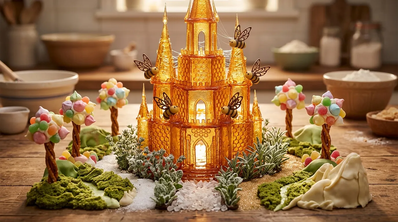 Ch&acirc;teau dor&eacute; en miel avec abeilles, bonbons et d&eacute;cors comestibles