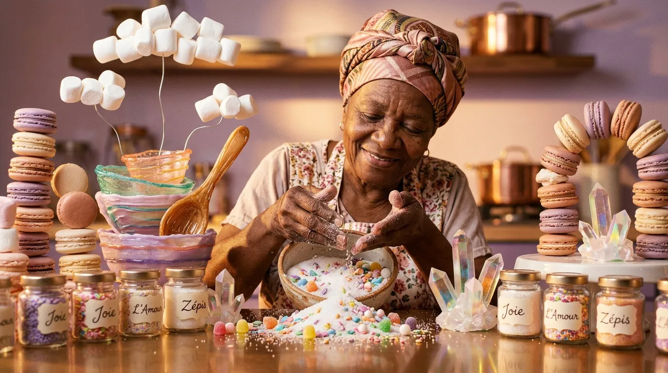 Femme joyeuse pr&eacute;parant des bonbons et macarons color&eacute;s
