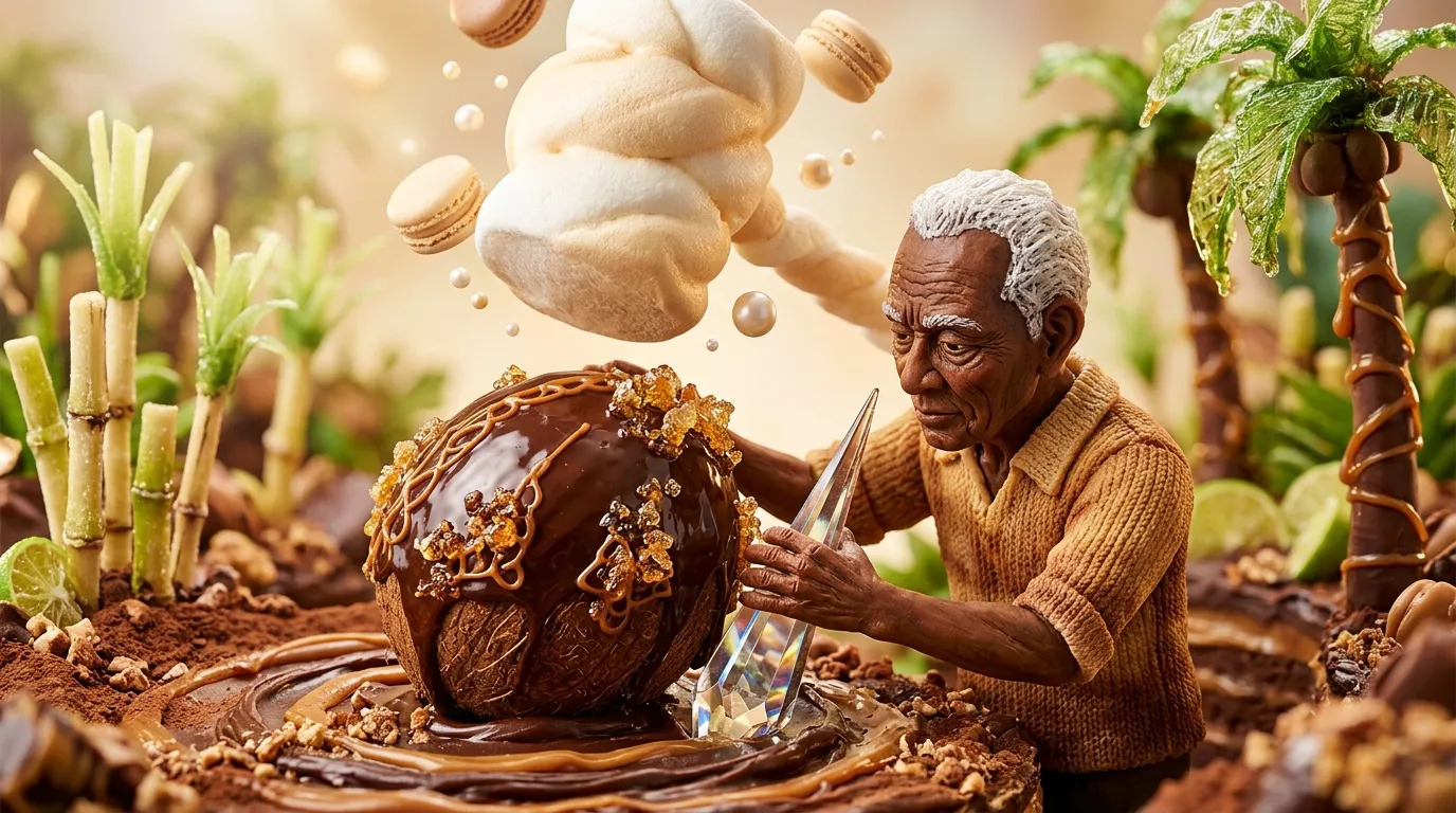 Sculpteur chocolatier cr&eacute;ant une &oelig;uvre en chocolat avec outils