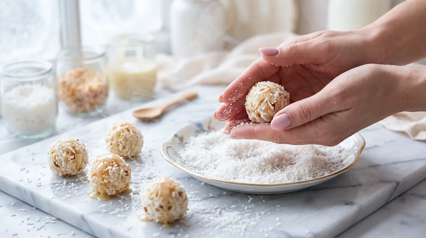 Main enrobant une boule sucr&eacute;e de noix de coco r&acirc;p&eacute;e