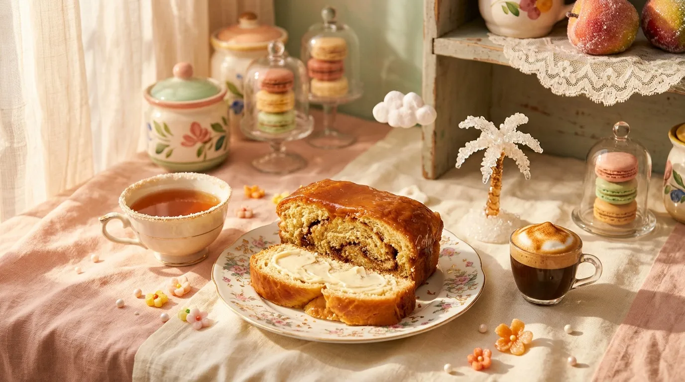 Table de petit d&eacute;jeuner vintage avec brioche, caf&eacute; et d&eacute;coration r&eacute;tro