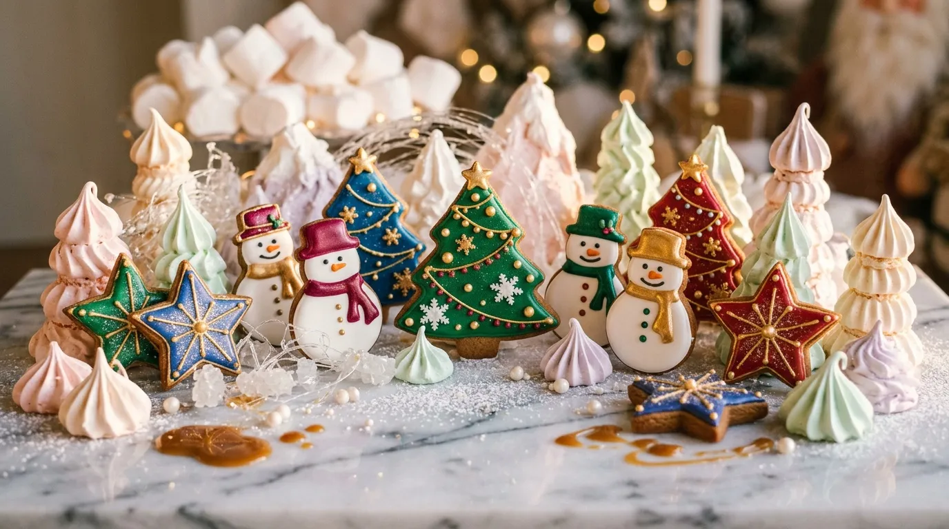 D&eacute;coration festive avec biscuits, meringues et sapin miniature