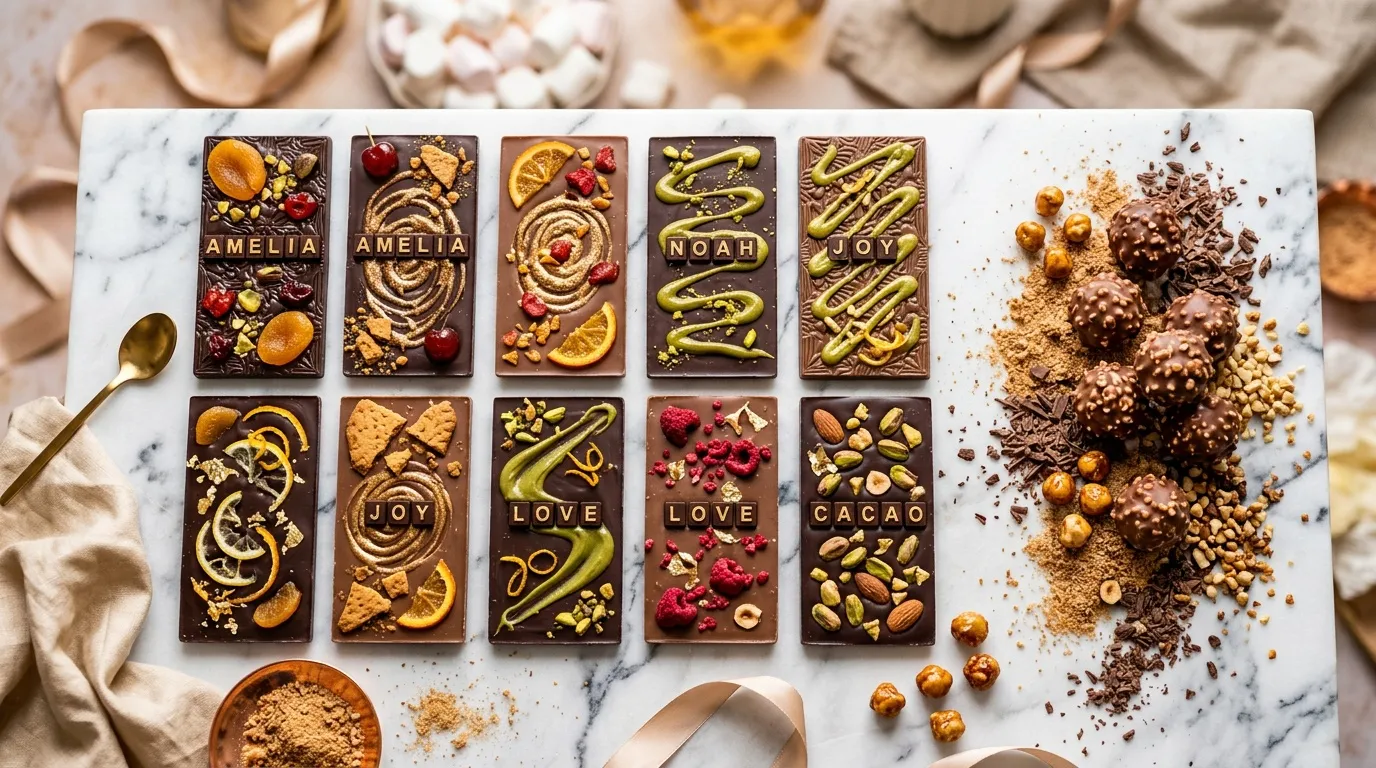 Dix tablettes chocolat d&eacute;cor&eacute;es avec pr&eacute;noms et ingr&eacute;dients