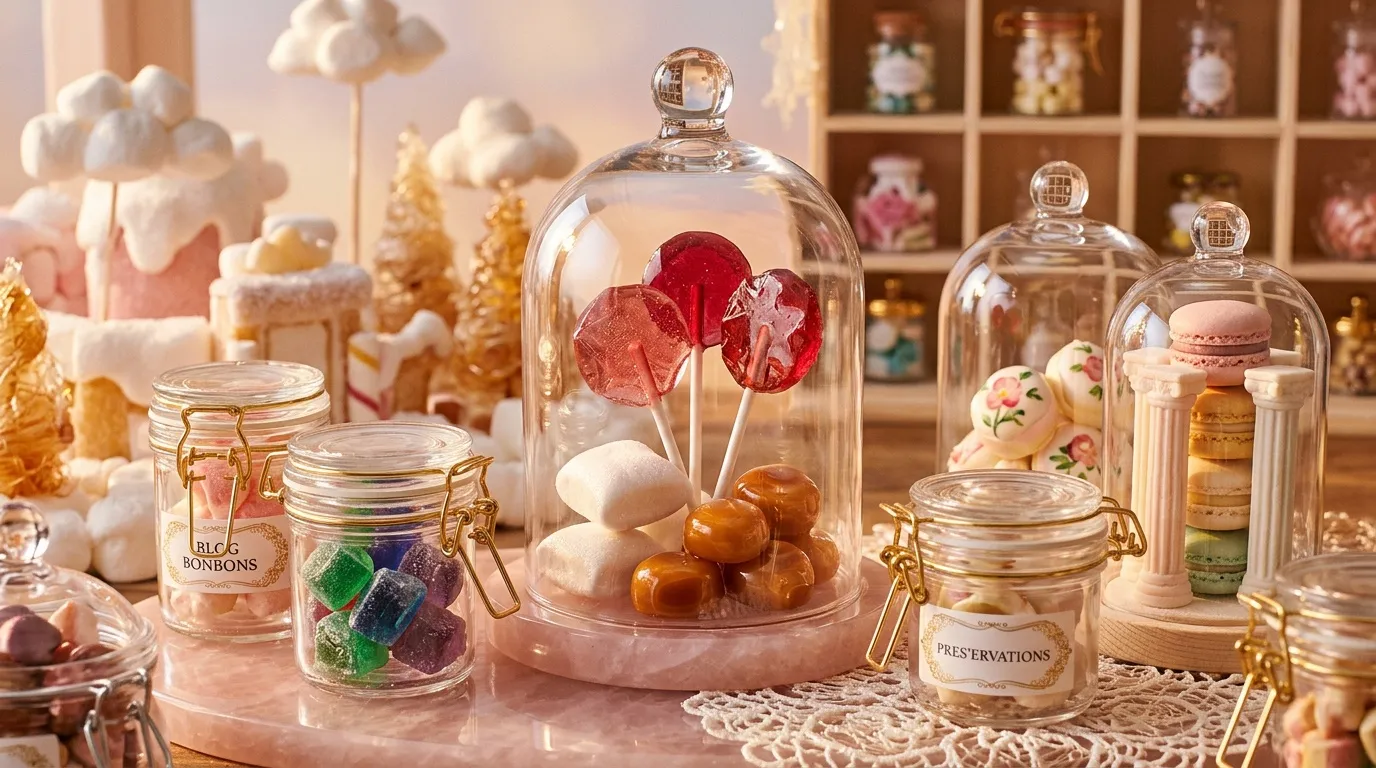 Vitrines de bonbons et pâtisseries sous cloches en verre