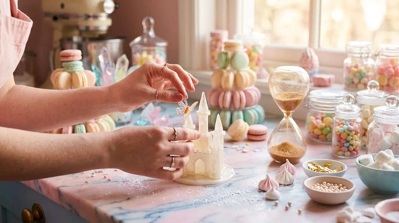 Enfant décorant un château en sucre blanc avec glaçage
