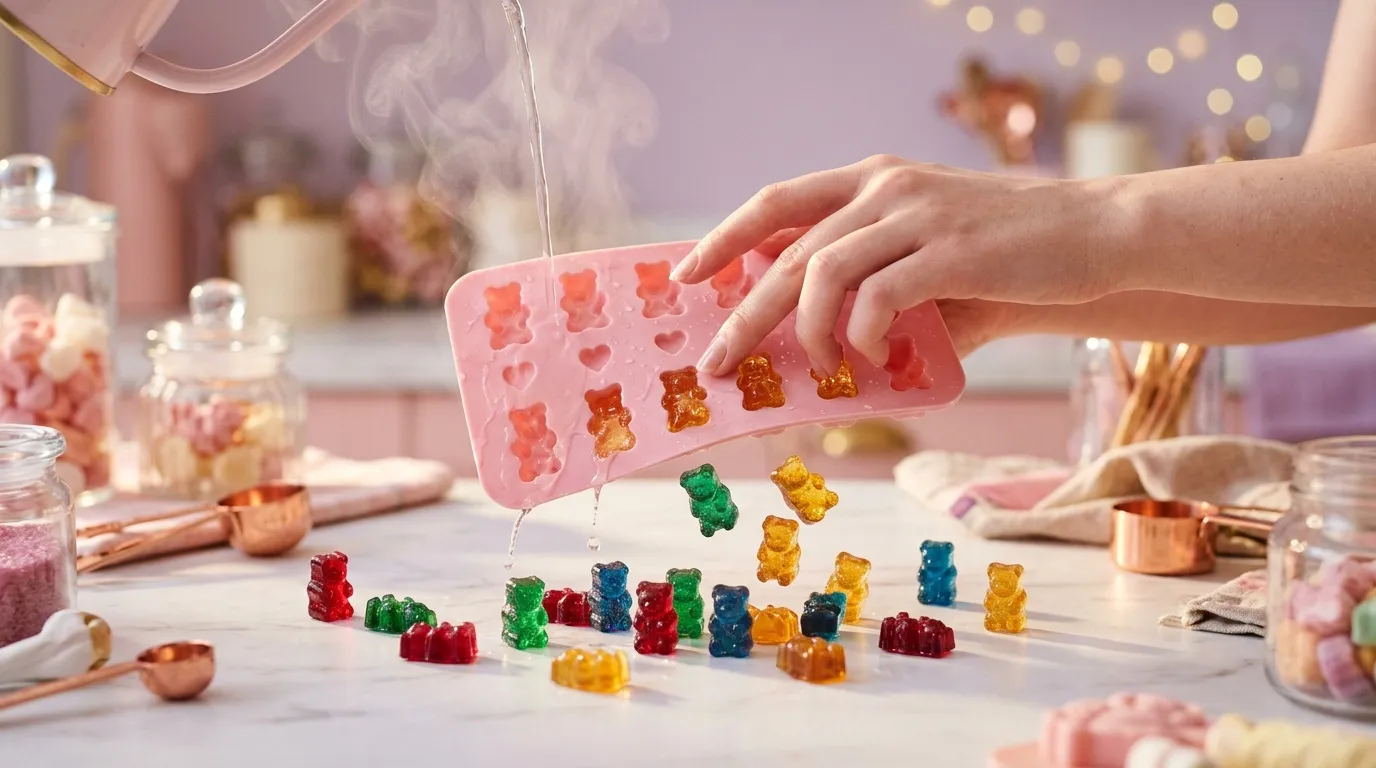 Main versant des oursons gélifiés colorés d'un moule rose