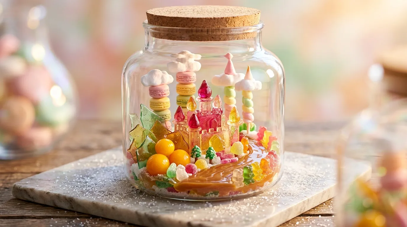 Bocal en verre contenant un ch&acirc;teau de bonbons color&eacute;s et macarons.