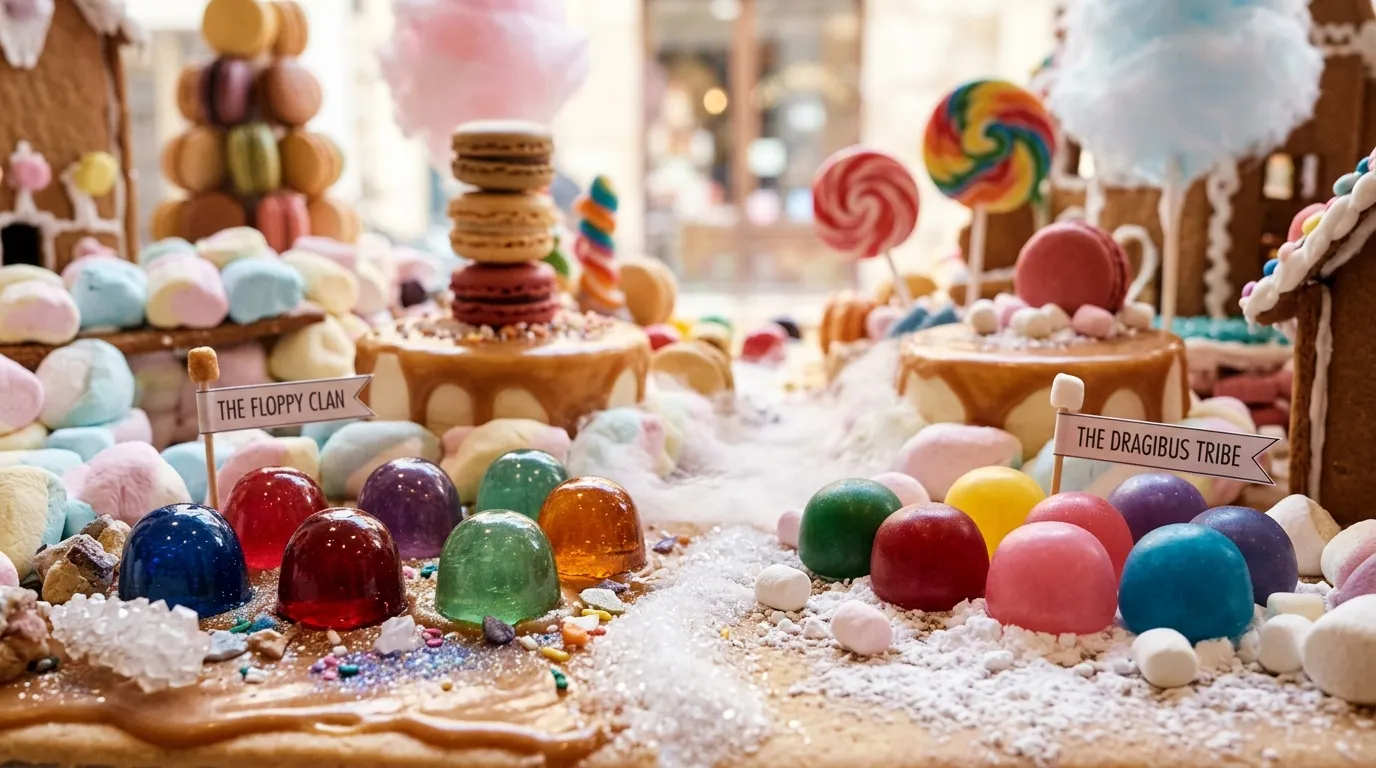 Monde miniature en bonbons avec g&acirc;teaux et perles color&eacute;es